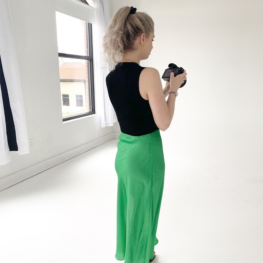 green midi skirt with slip